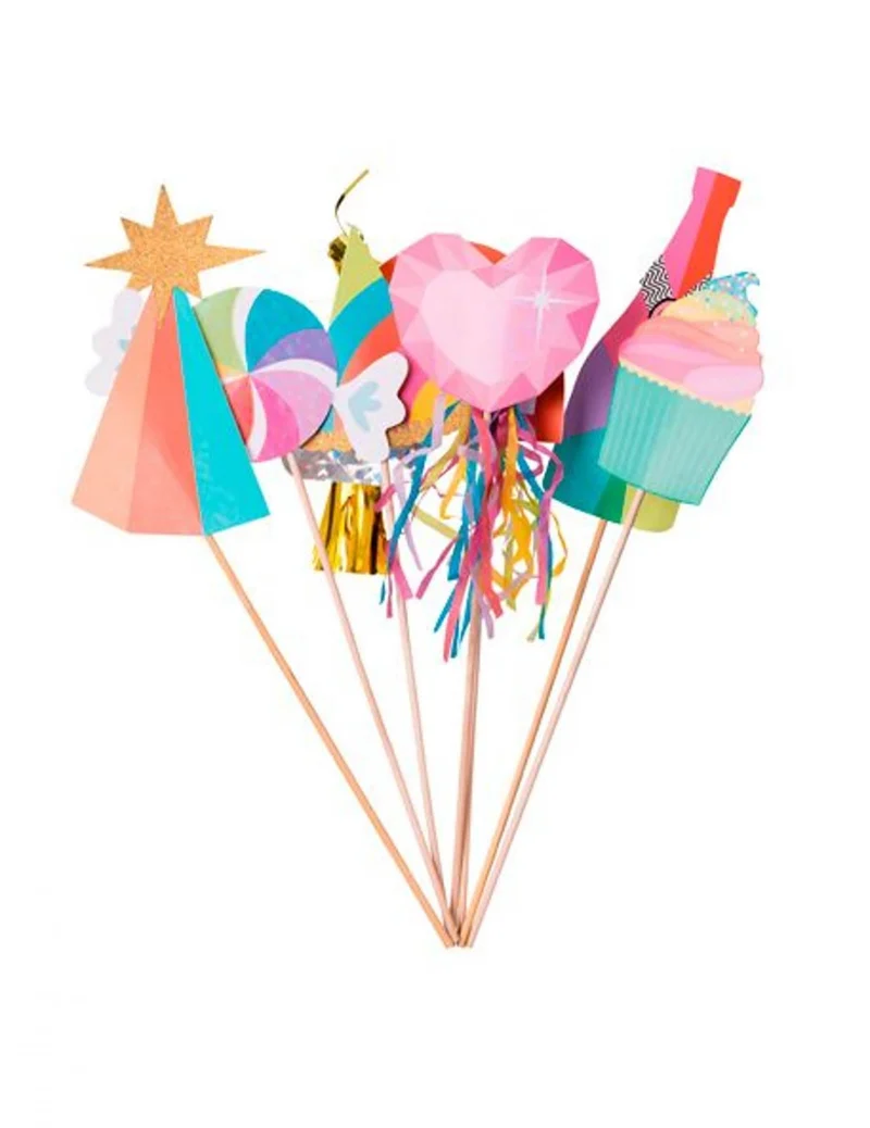 Multifarbenes Fotokabinen-Set mit Quasten und goldenen Pailletten, 7 Accessoires auf Stäbchen