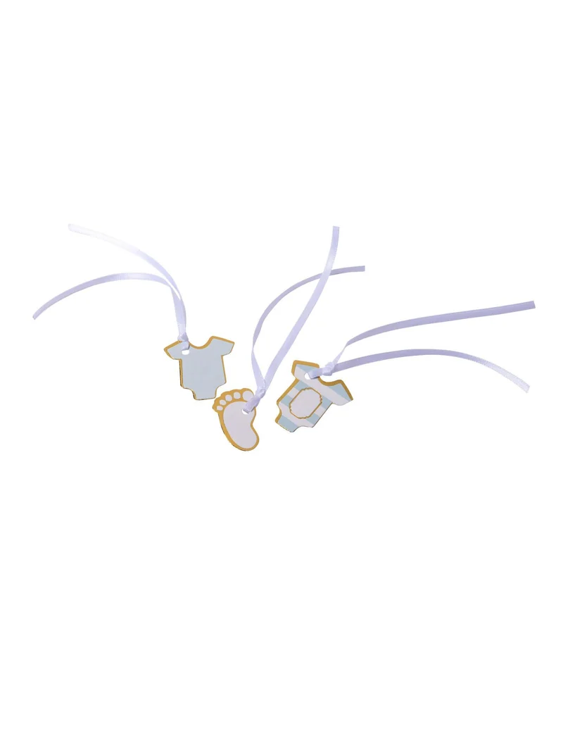 10 kleine Schatzetiketten, blau gestreift und vergoldet, 3 x 1,7 cm für Babyparty
