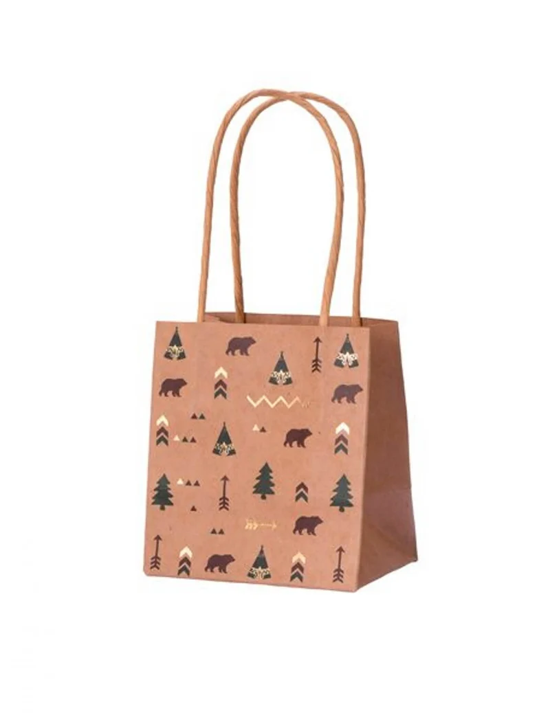 4 Geschenkbeutel Indian Forest Kraft Grün Braun mit Goldprägung 10 x 7 x 11 cm Tipi Thema