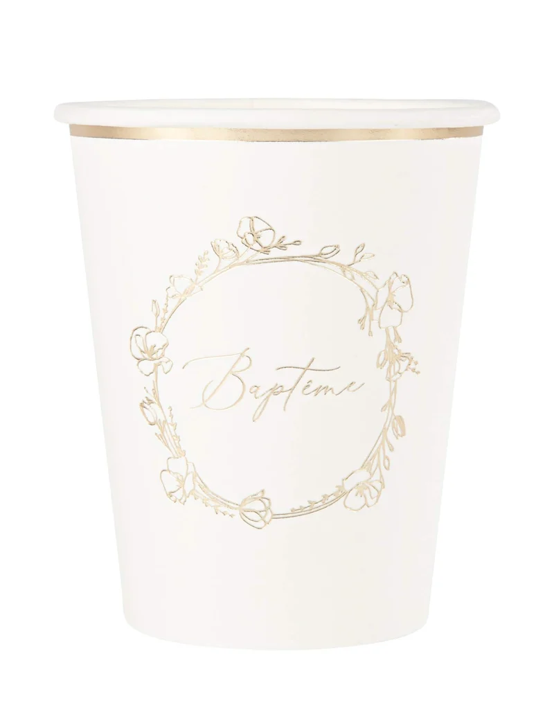 8 Pappbecher Taufe 255 ml goldene Blumen