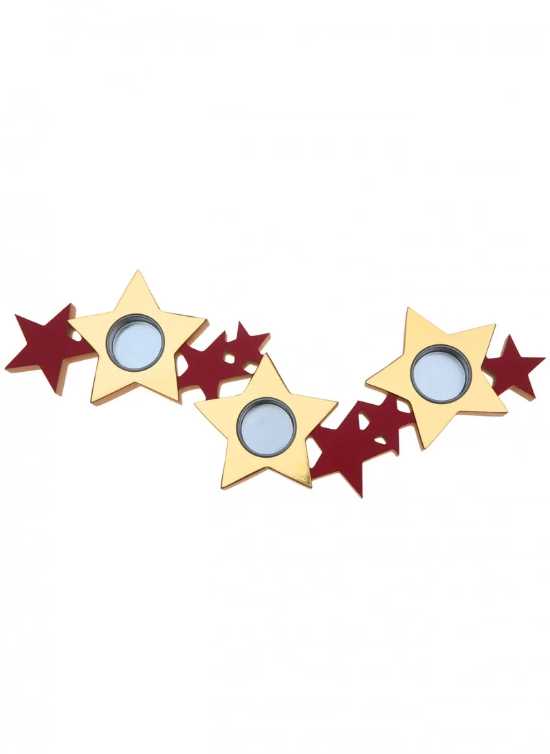 Kerzenhalter aus Holz und Metall, rote und goldene Sterne 40 x 13 x 2 cm Weihnachtsdekoration