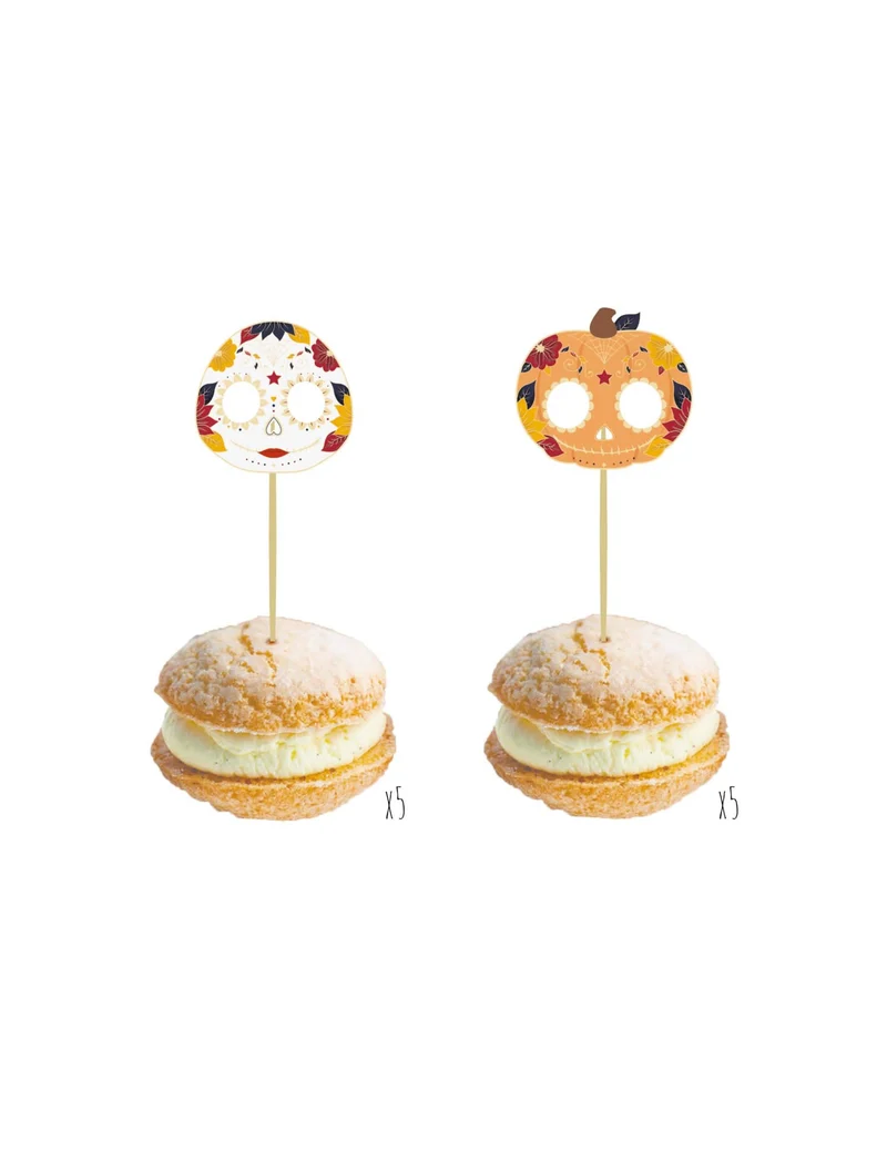 10 Holzspieße Dia de los Muertos, Totenköpfe und Kürbisse