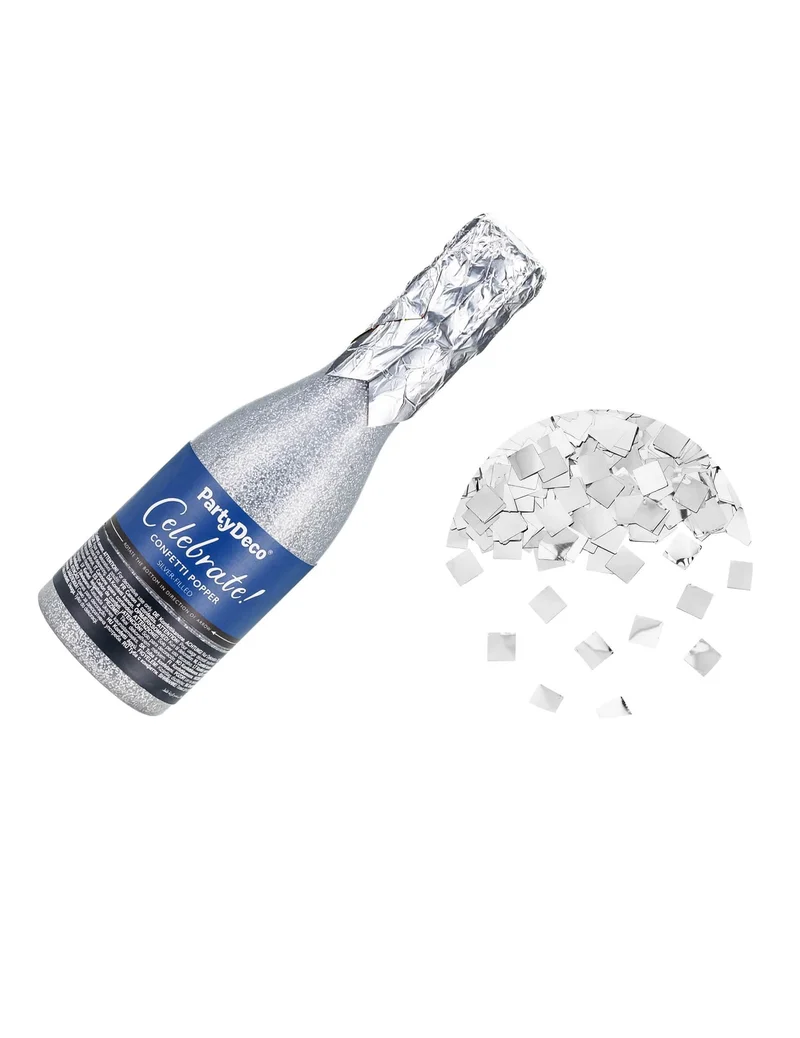 Konfettikanone Champagnerflasche aus Metallic-Papier Silber 20,5 cm