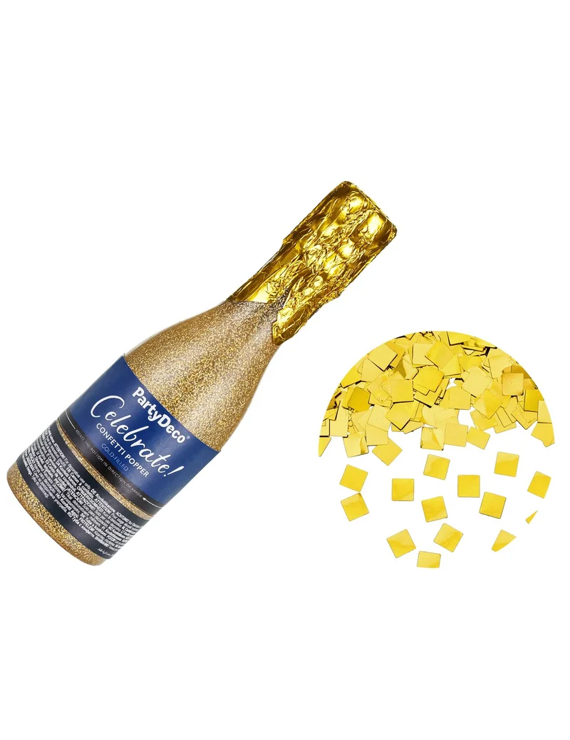 Konfetti-Kanone Champagnerflasche aus goldenem Metallic-Papier 20,5 cm