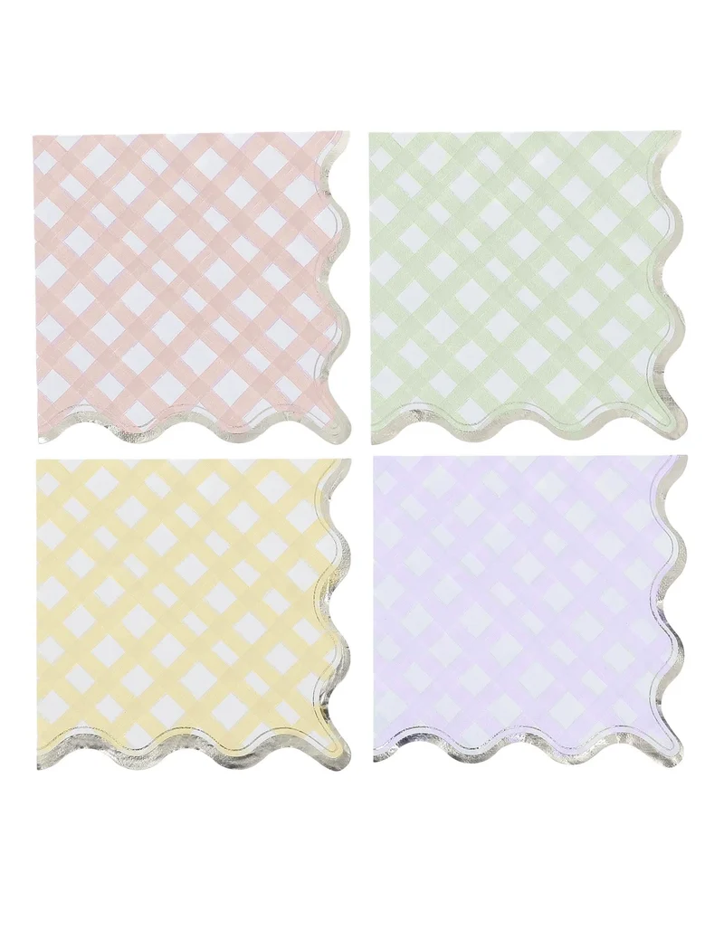 16 Papierservietten lila, rosa, gelb, grün und gold 33x33cm mit Karomuster