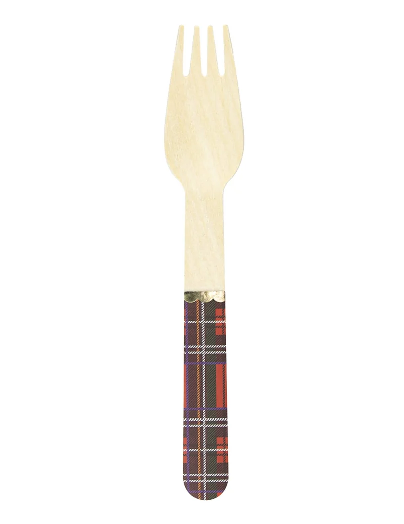 8 Weihnachtsgabeln aus Tartanholz, 16 cm, Einweg