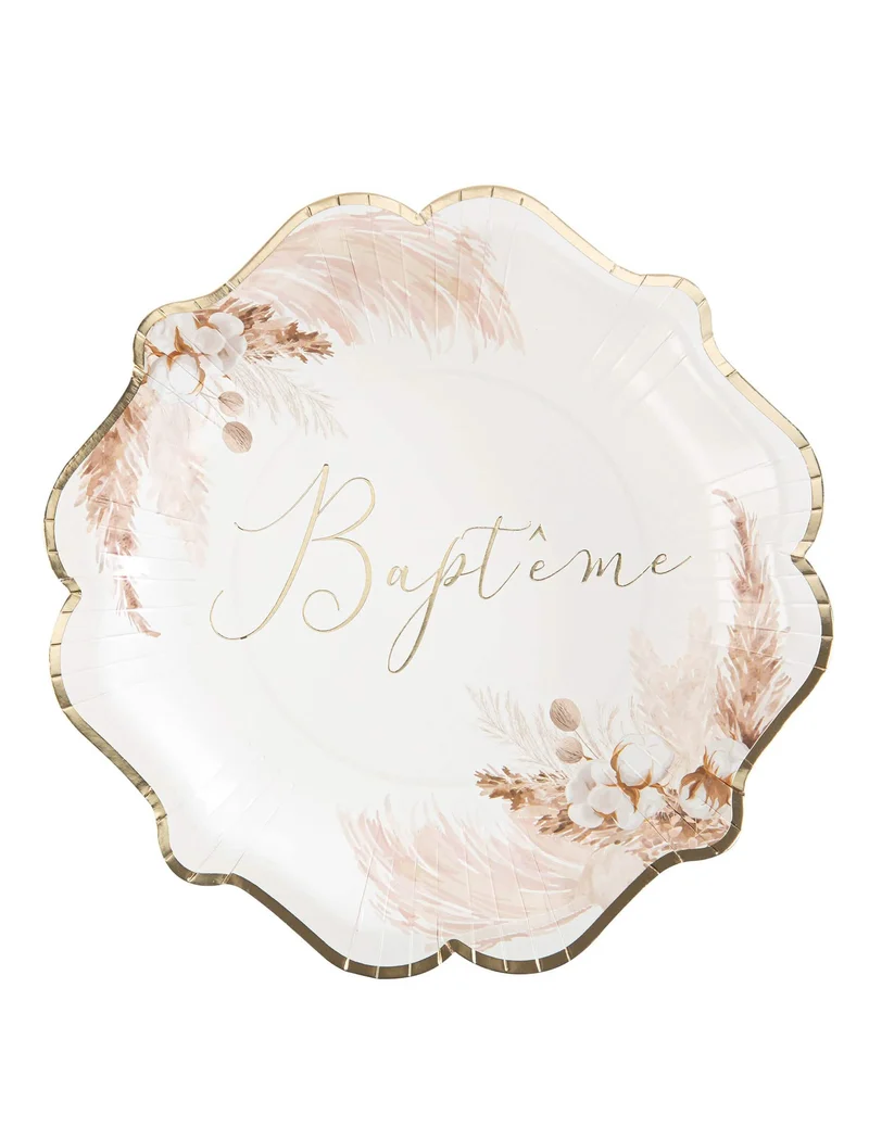 8 Pappteller Taufe Pampas und Baumwollblumen 23 cm