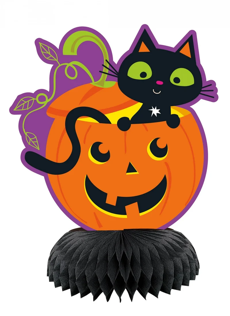 3 Mini-Tischaufsteller aus Wabenpapier, Katze und Kürbis, 15 cm, Halloween-Dekoration