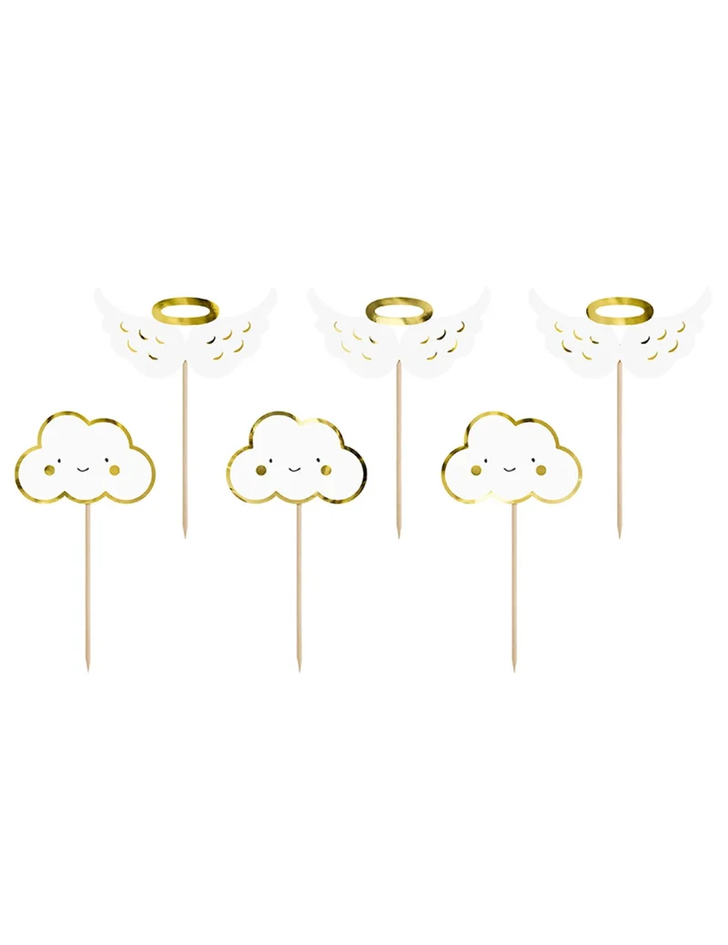 6 Cake Topper aus Holz, Wolken und Flügeln, weiß und metallic-gold, 12,5 cm, für Babyparty