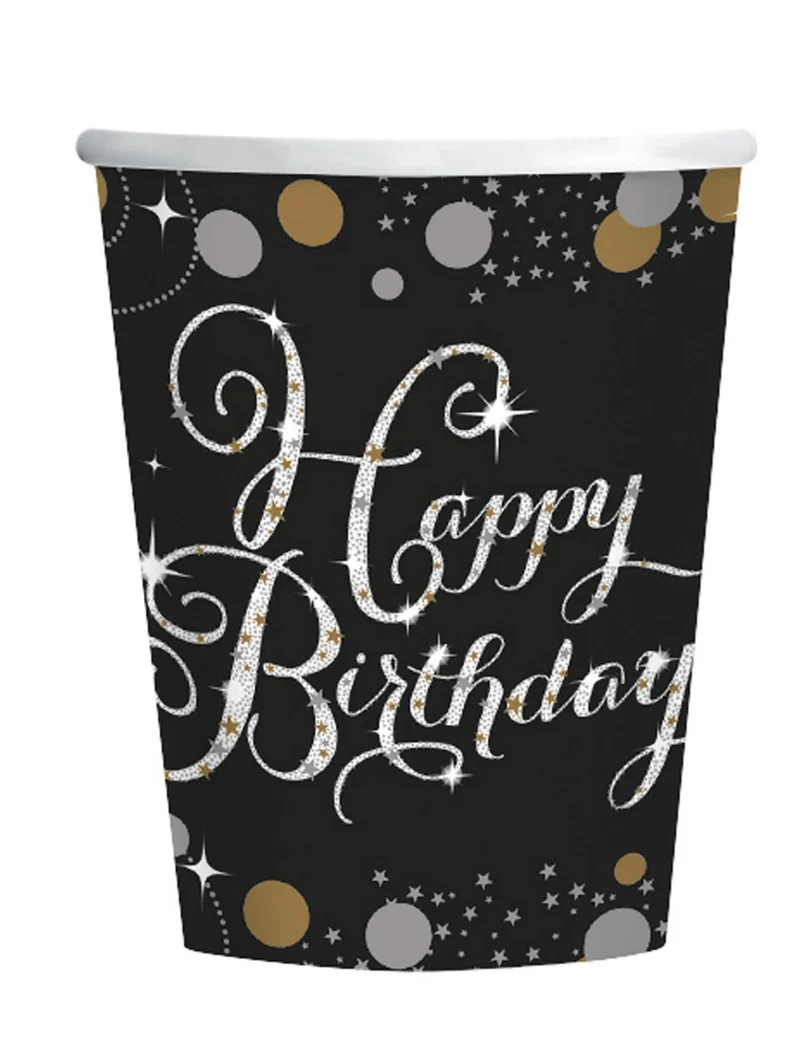 8 glitzernde Feier-Pappbecher 250 ml Happy Birthday