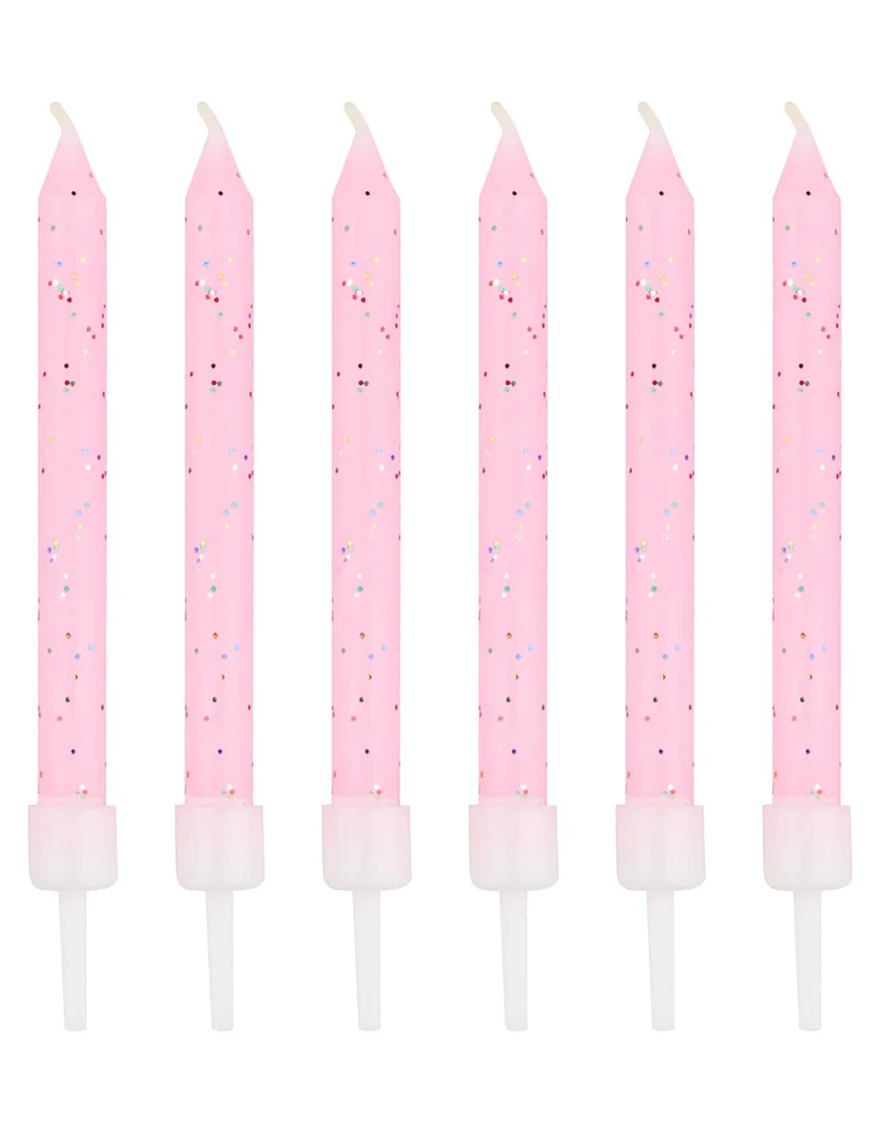 12 rosa Glitzerkerzen 7,5 cm mit Kerzenhaltern
