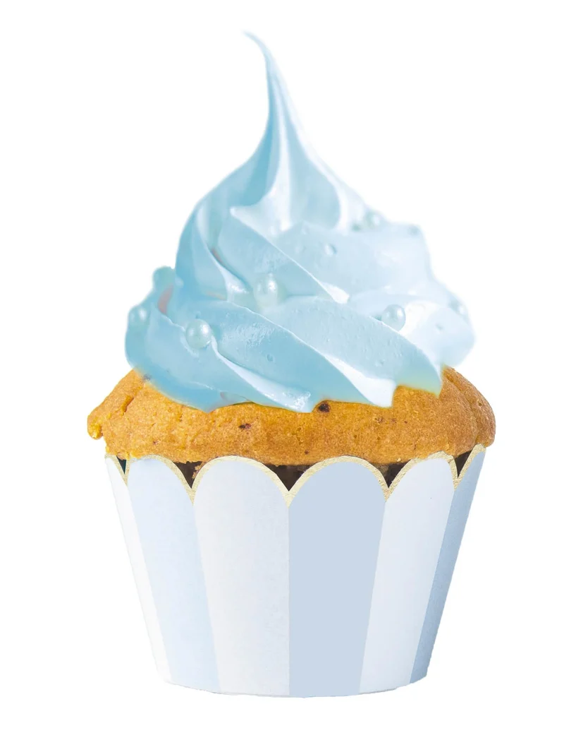 6 blau-weiß gestreifte Cupcake-Förmchen mit Wellenrand