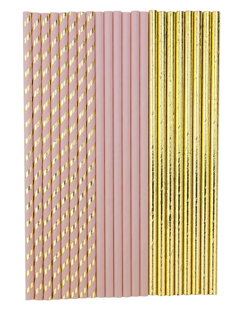 22 Strohhalme aus Karton, puderrosa und gold, 19,5 cm, für Geburtstag