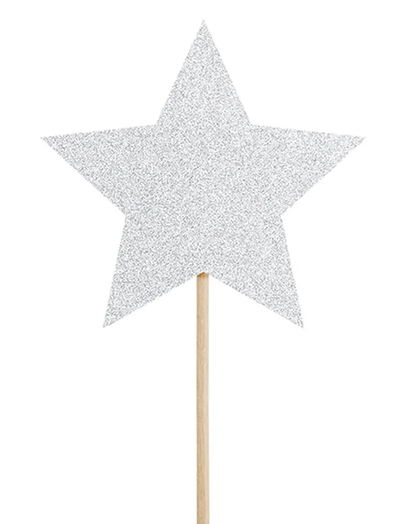 6 Tortendekorationen auf Spieß, silberner Glitzerstern, 11,5 cm, für Geburtstag