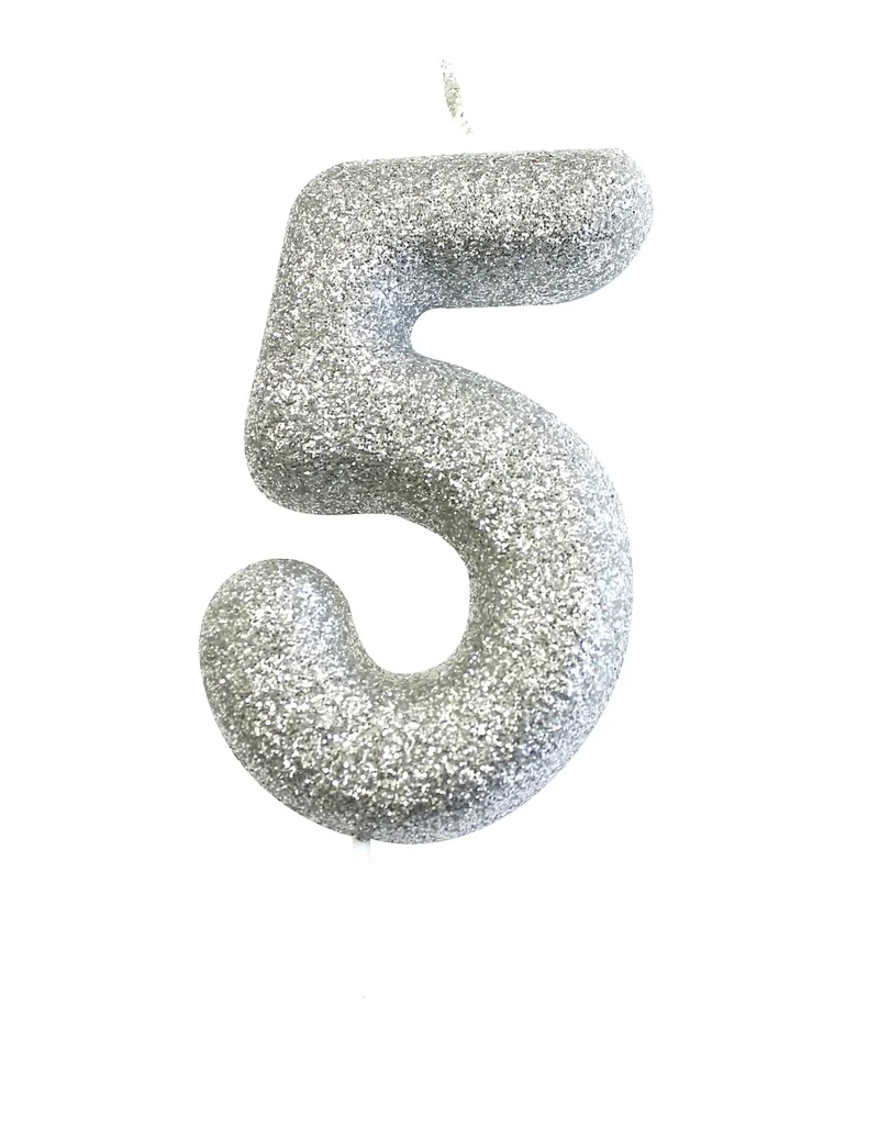 Glitzernde silberne Zahl 5 Kerze auf Spiess 7 cm für Kuchen