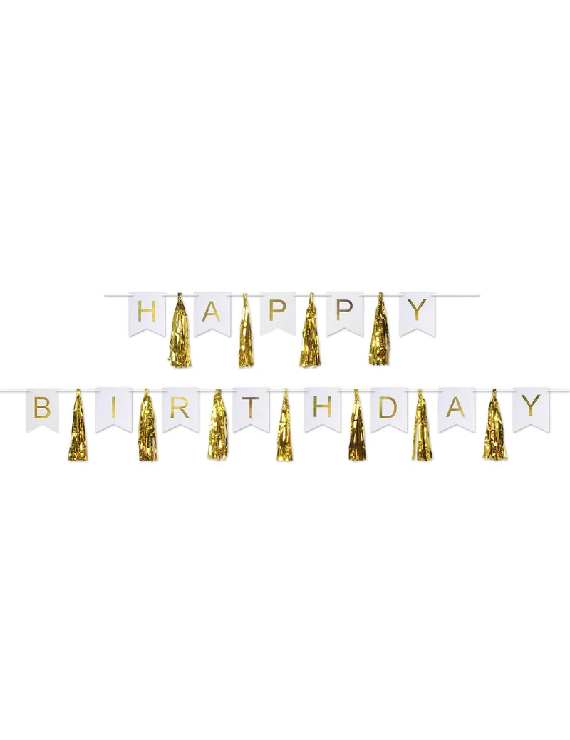 Girlande Quaste Happy Birthday Gold und Weiß 4,56 m aus Karton