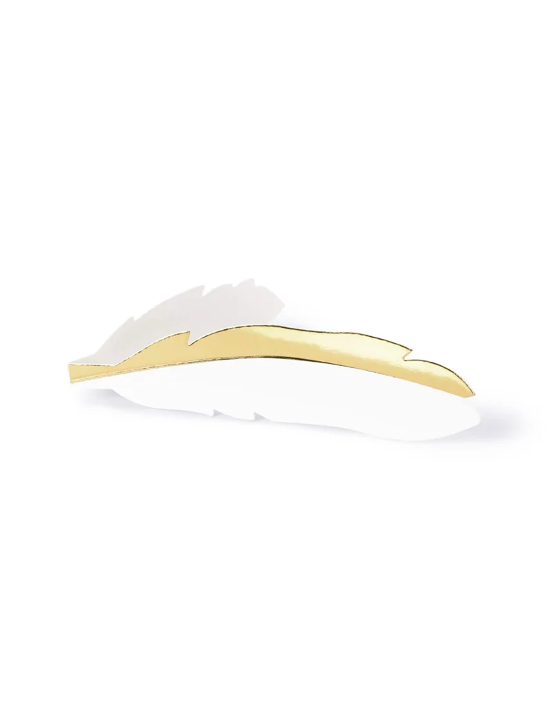 10 Tischkarten aus Karton, weiße und goldene Metallic-Federn, 10,5 x 3 cm, für Hochzeit