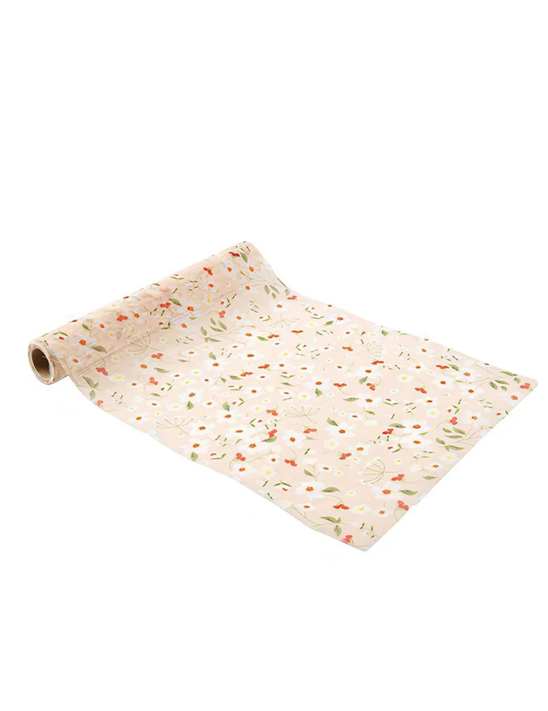 Tischläufer aus Stoff beige, weiß, grün und pfirsichfarben 26cmx5m mit Blumenmotiven