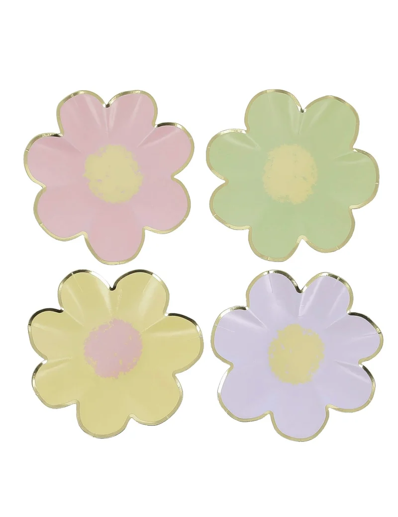 8 kleine Blumen-Pappteller lila, rosa, gelb, grün und gold 18cm