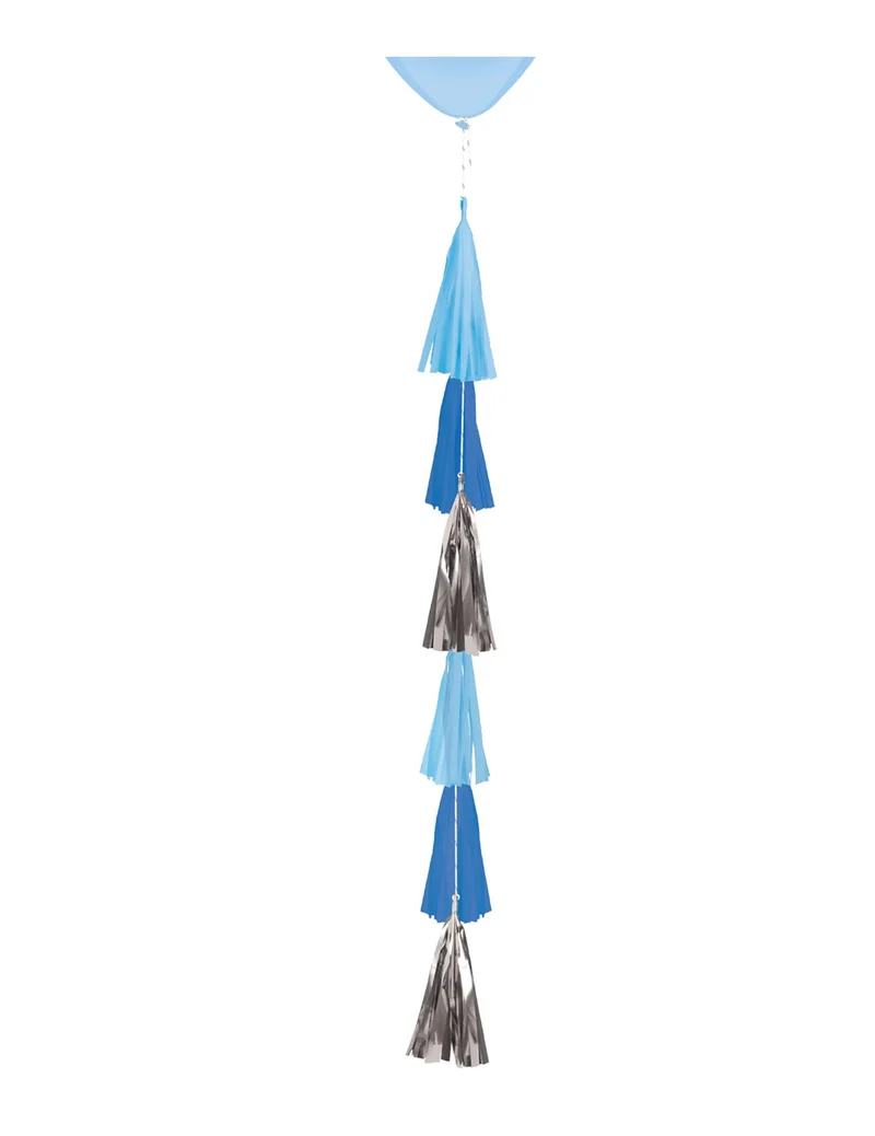 Ballonschwanz Quasten aus blauem und silbernem Papier 70 cm für Helium
