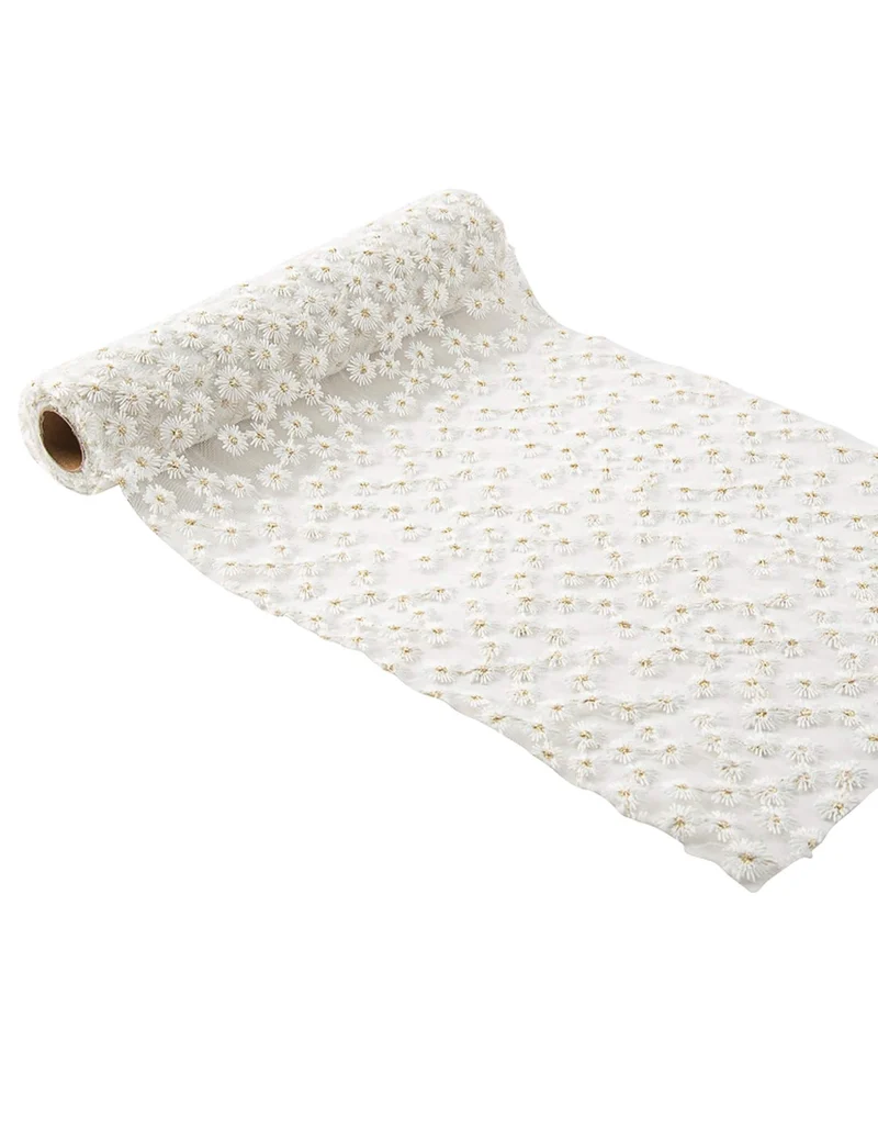 Tischläufer aus besticktem Voile weiß und gold 24cm x 3m mit Blumen
