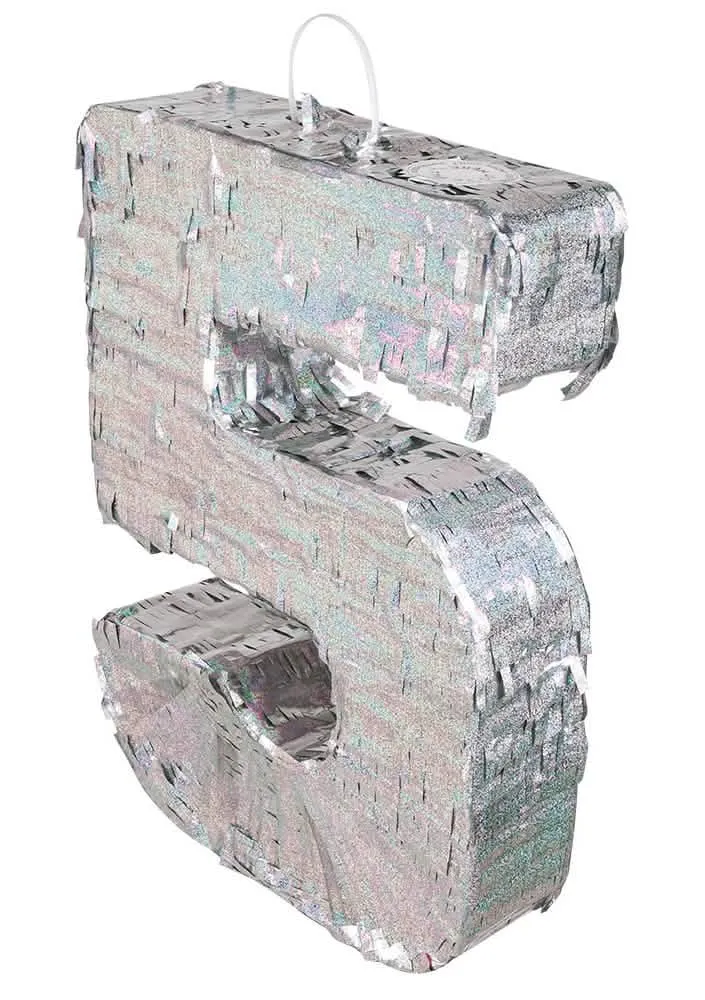 Holografische Silber-Piñata Zahl 5, 40 x 28 x 8 cm, für Geburtstag
