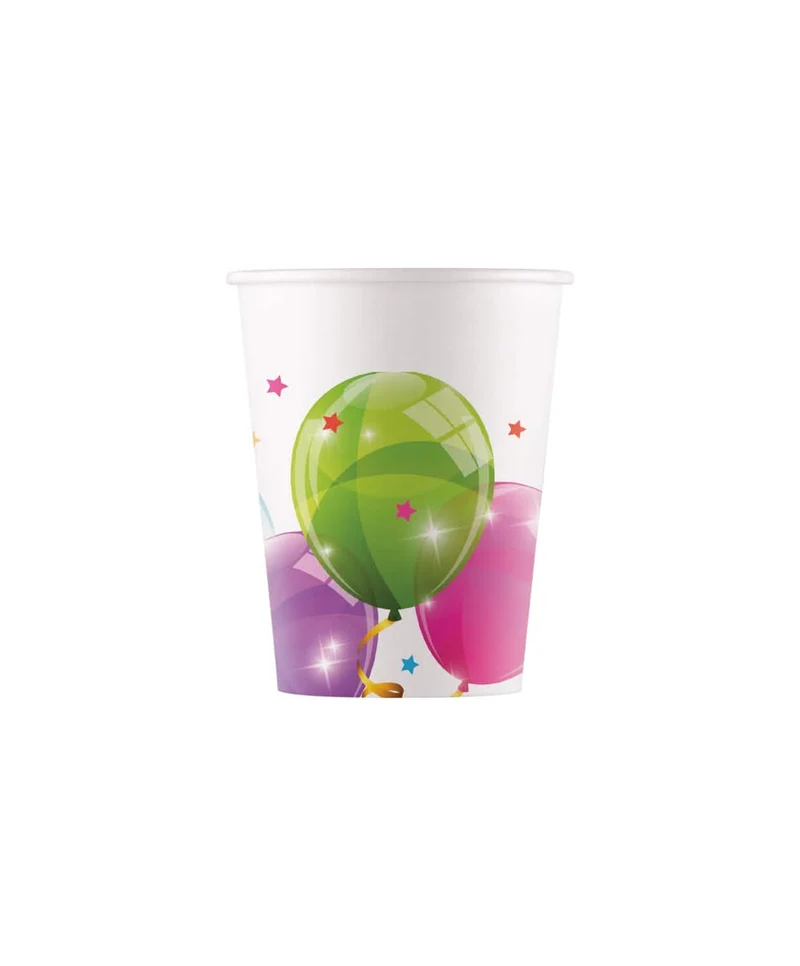 8 bunte Ballon-Pappbecher 200 ml für Geburtstag