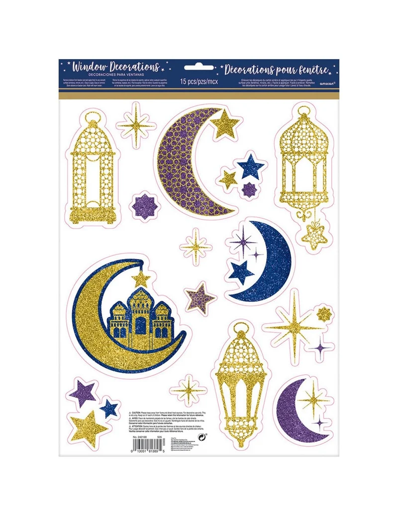 15 wiederverwendbare Eid Mubarak Glitzer-Fensterdekorationen 43 x 30 cm
