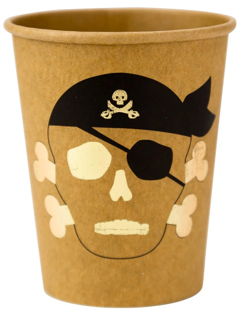 8 Kraft-Pappbecher Pirat und Goldprägung 255 ml Totenkopf
