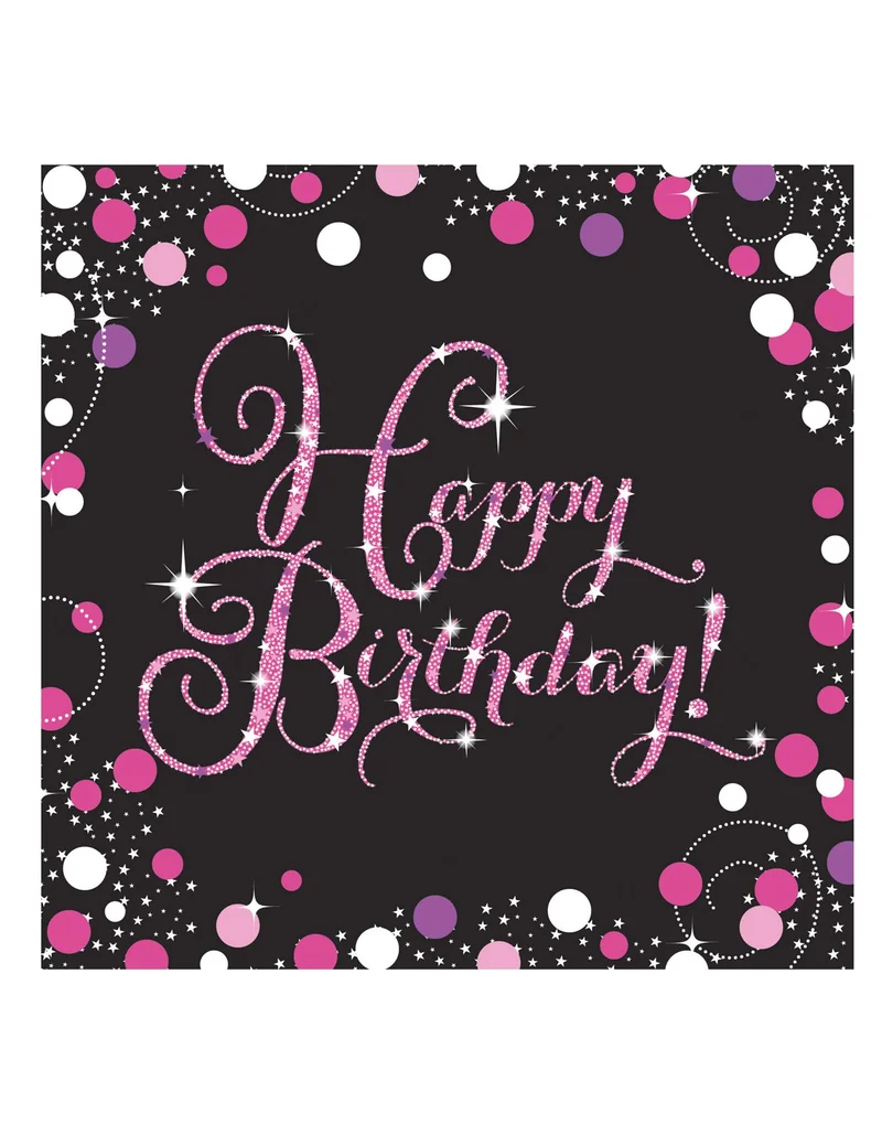 16 schimmernde Party-Servietten in Rosa, 33 x 33 cm, Happy Birthday