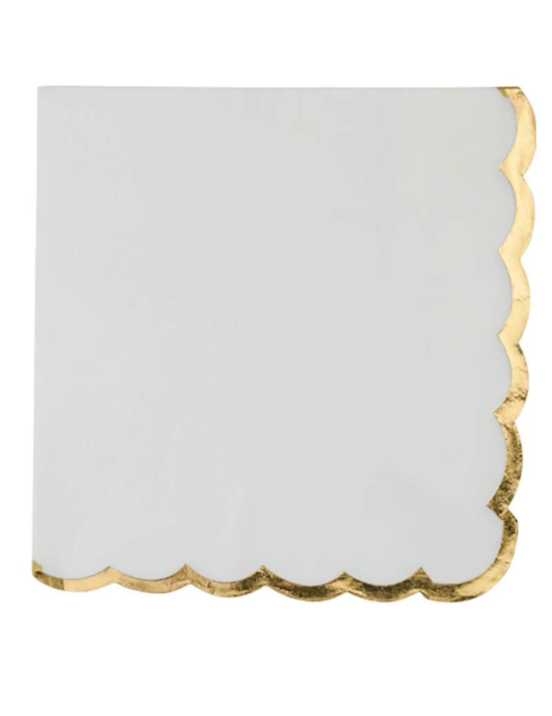 16 elegante weiße Servietten mit goldenen Wellenrändern 33 x 33 cm