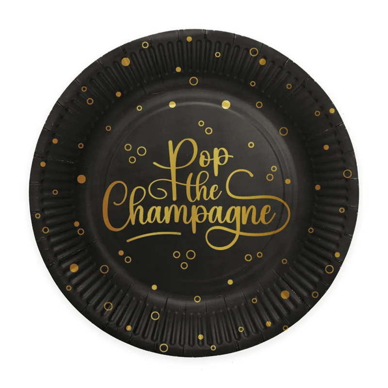 Pop The Champagner Teller Schwarz Gold 23cm 8Stk
