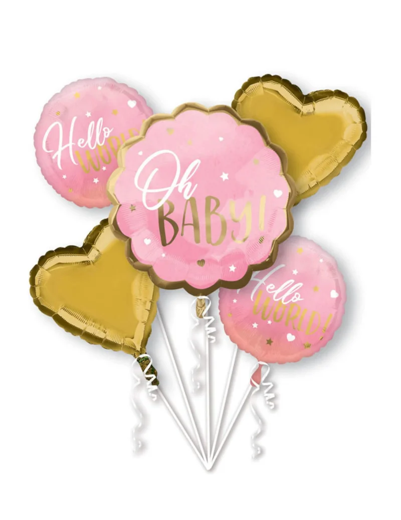 5 Aluminiumballon-Set Oh Baby Rosa und Gold für Baby Shower