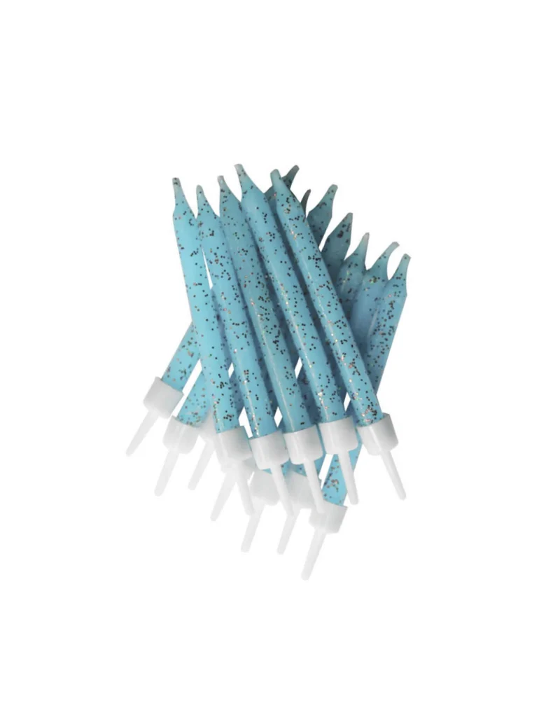12 pastellblaue Glitzerkerzen 7,5 cm für Kuchen