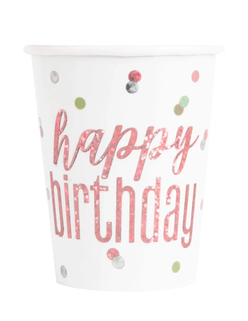 8 Pappbecher Happy Birthday weiß und rosa glitzernd 266 ml mit Punkten