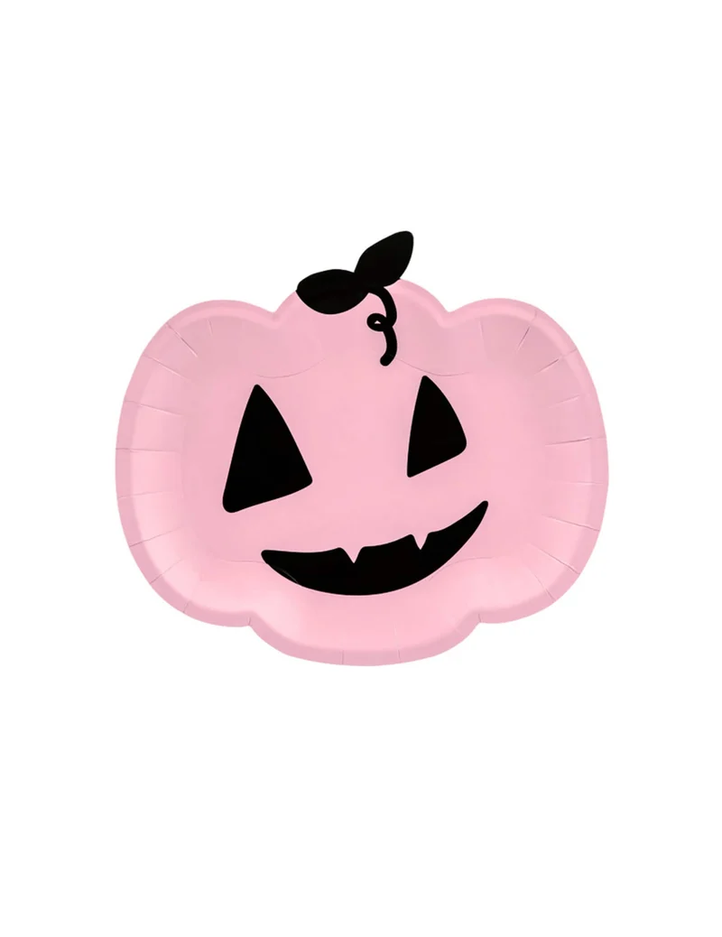 6 rosa und schwarze lächelnde Kürbis Pappteller 25 x 22 cm Halloween