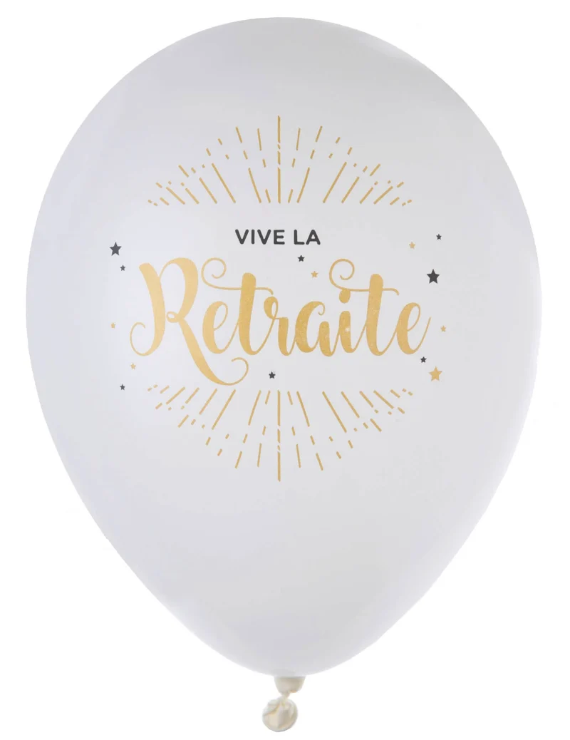 8 Latexballons Hurra zur Rente Weiß und Gold metallic 23 cm für Partydekoration