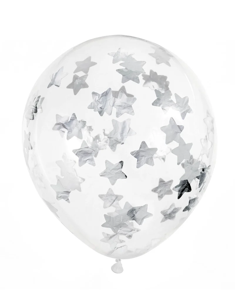 6 transparente Luftballons mit silbernen Stern-Konfetti 30 cm