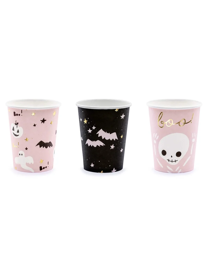 6 niedliche rosa-schwarze Halloween-Pappbecher 220 ml
