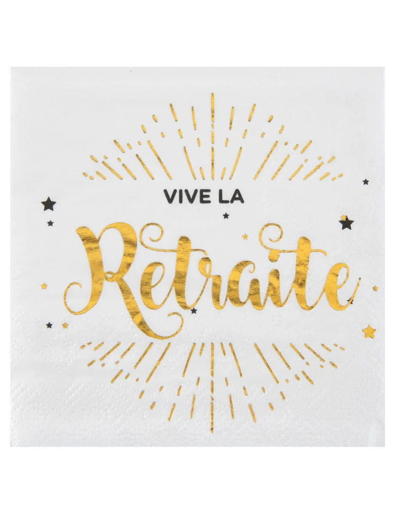 20 kleine Papierservietten 'Vive la Retraite' in Weiß und Gold 12.5 x 12.5 cm für Partydekoration