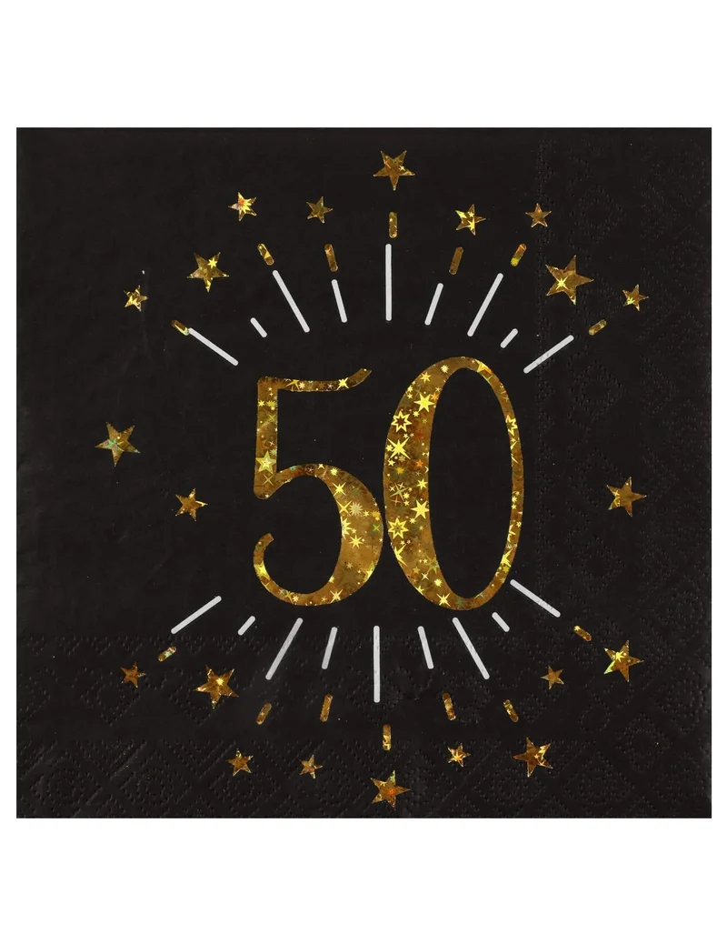 10 Happy Birthday 50 Schwarz-Gold Papier Servietten mit Sternen 33 x 33 cm