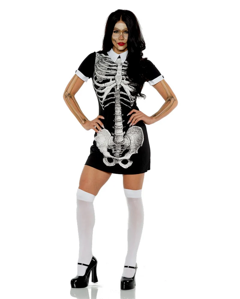 Kurzärmliges Skelett Minikleid mit Kragen