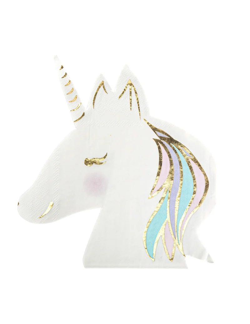 16 Pastell- und Gold-Einhorn-Papierservietten für einen märchenhaften Geburtstag