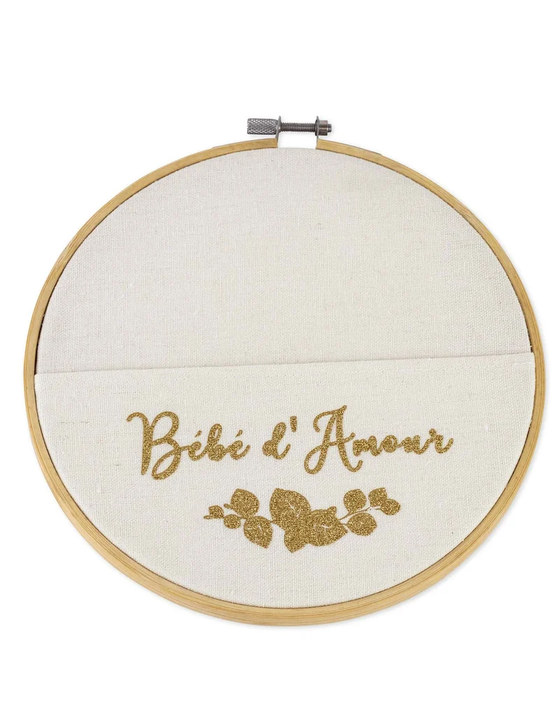 Holz-Leinen-Rahmen "Bébé d'amour" 19 cm, goldglitzernd