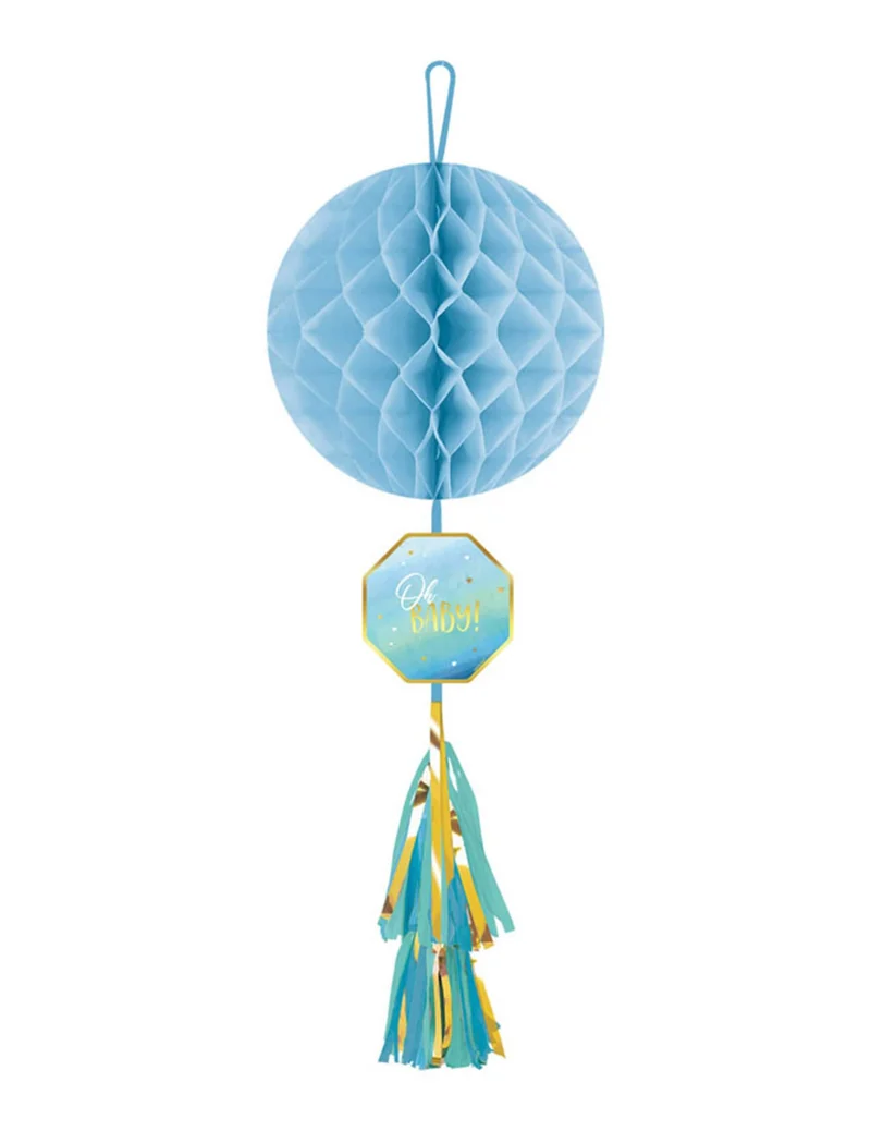 Wabenpapier-Hängedeko 'Oh Baby' in Blau und Gold mit Quaste, 75 cm, für Babyparty