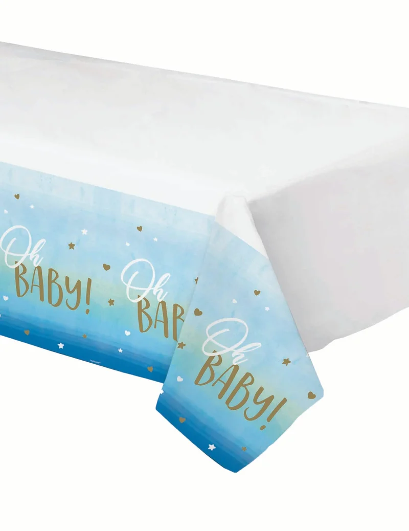 Plastik-Tischdecke oh baby blau und gold 137 x 259 cm für Babyparty