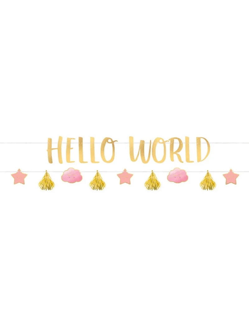 2 "Hello World" Girlanden aus Karton, Roségold, 1,77 m für Babyparty