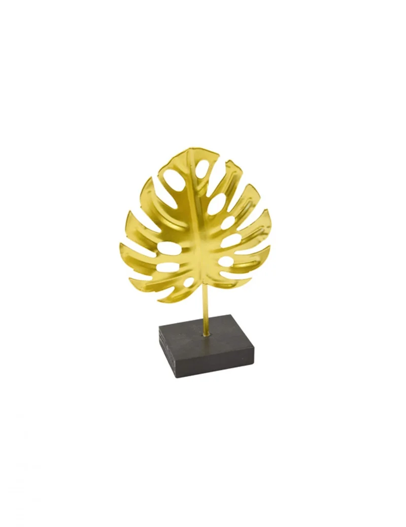 Metall-Dekoration auf Sockel mit goldenem Tropenblatt 15 x 10 cm