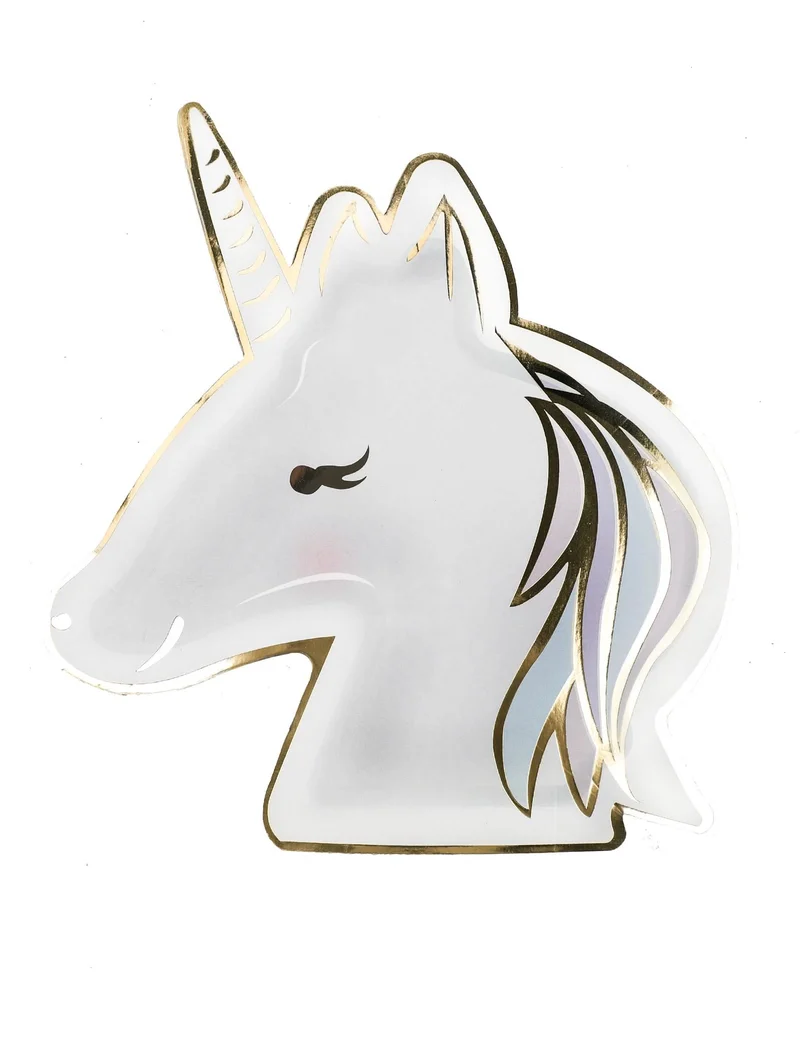 8 Einhorn Pappteller Pastell & Gold 23 cm Kopfform