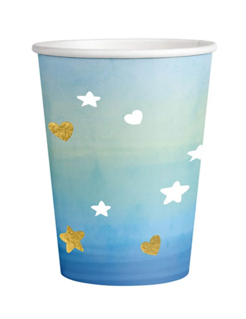 8 Pappbecher "Oh Baby" Blau-Gold 250 ml mit goldenen Herzen und Sternen